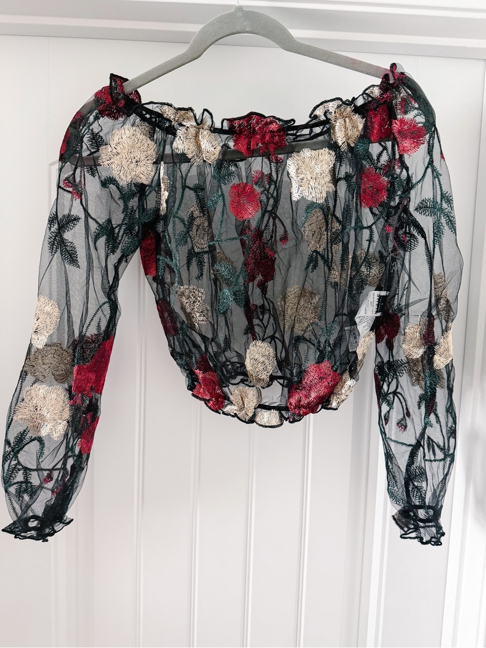 Mesh Embroidered off the shoulder crop top